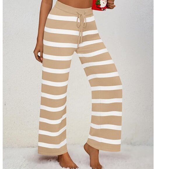 Comfy High Waist Wide Leg Knit Lounge Pants Tan White Striped Women M - Picture 4 of 14